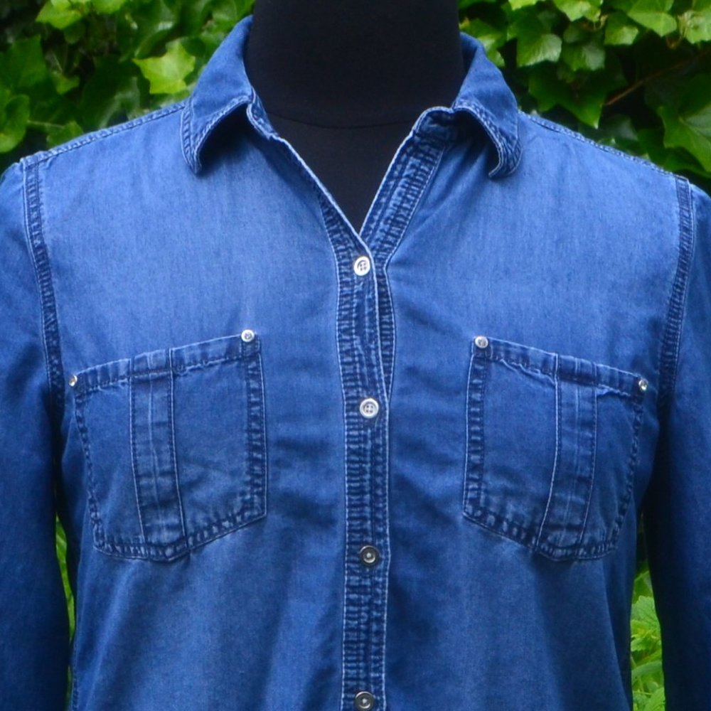 Chico's 1 Soft Denim Rhinestone Blouse